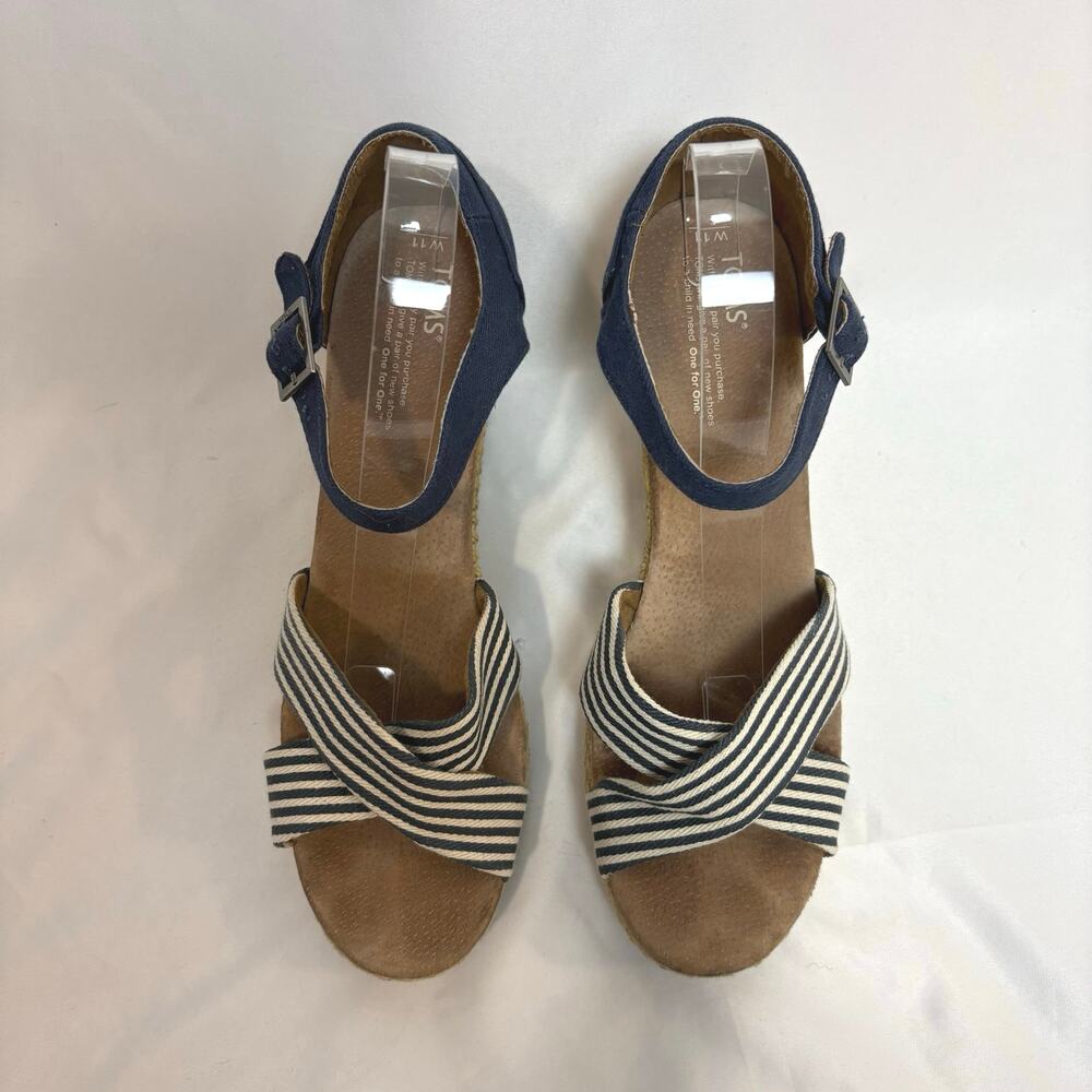 TOMS Sienna Espadrille Wedge Sandals Blue White Striped Canvas Size 11 - Picture 2 of 7